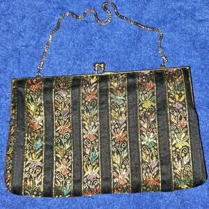 Vintage Regale LTD Evening Bag Purse – Black Floral Brocade Clutch w/ Chain